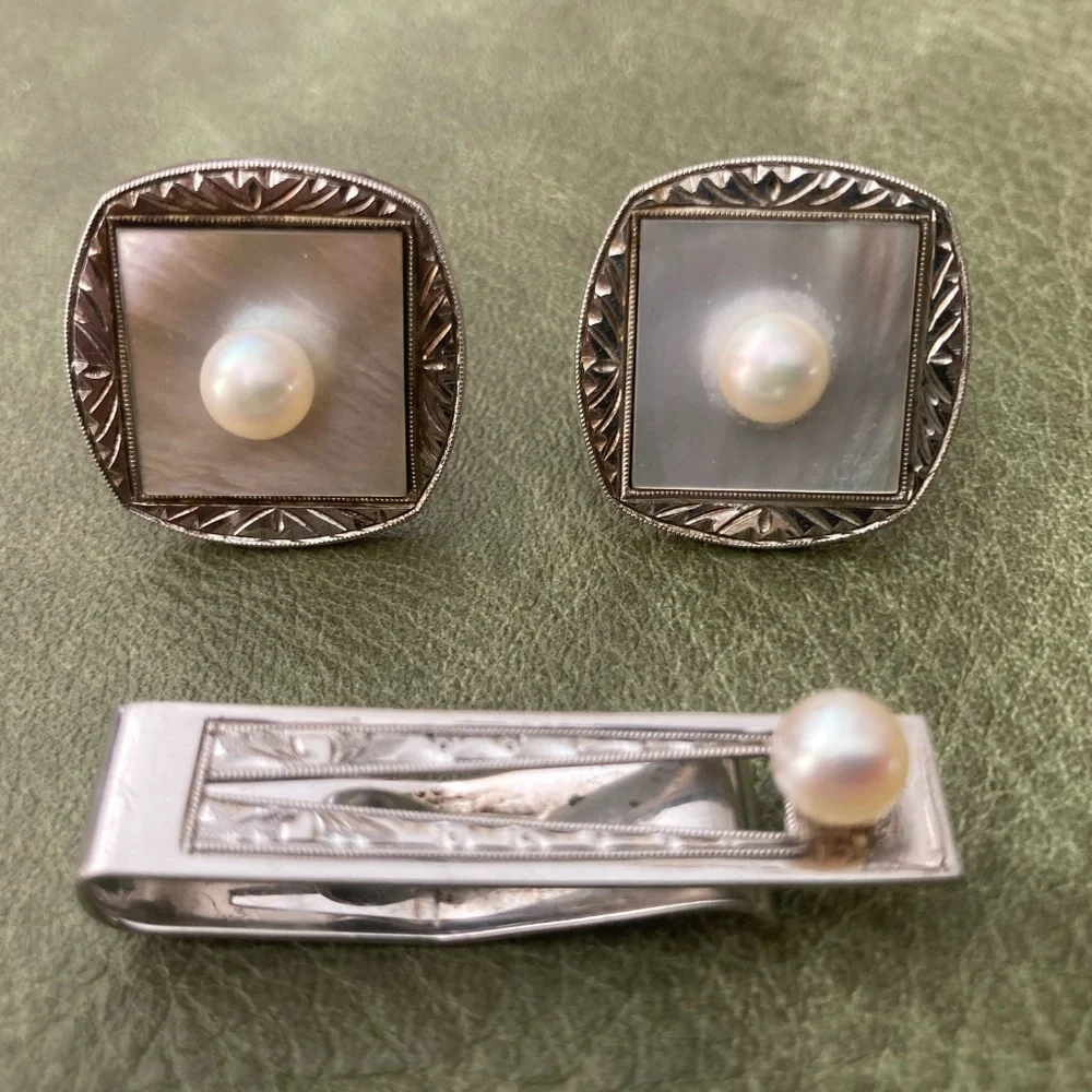 Vintage Sterling Mother of Pearl & Pearl Cufflinks + Tie Bar Set